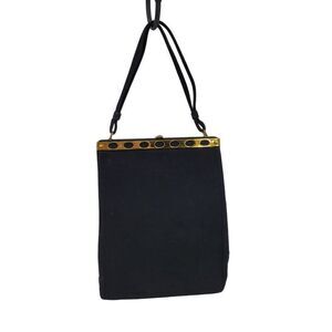 Vintage 60s Evening Bag Black Velvet Top Handle Ornate Gold Trim Push Lock Clasp